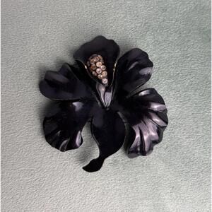 Vtg 60’s Flower Power Black Enamel Iris Orchid Brooch P043